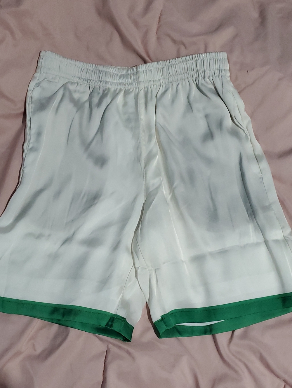 Zara White Tag Ivory Cream Satin Shorts with Green Hem